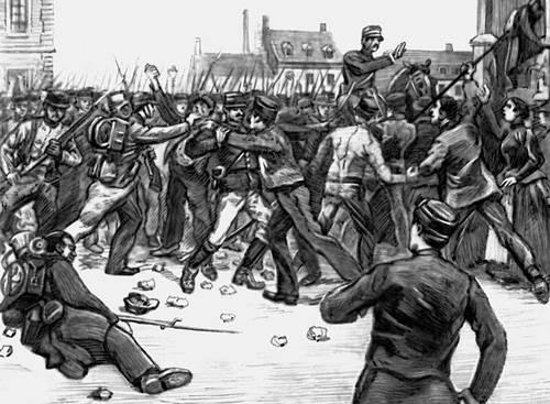 Нападение войск на забастовщиков в Фурми 1 мая 1891. Гравюра по рис. Л. Тинейра.