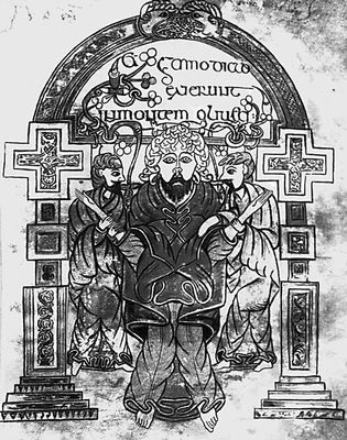 «Взятие Христа под стражу». Миниатюра в «Евангелии из Келса» (ок. 800, библиотека Тринити-колледжа, Дублин).